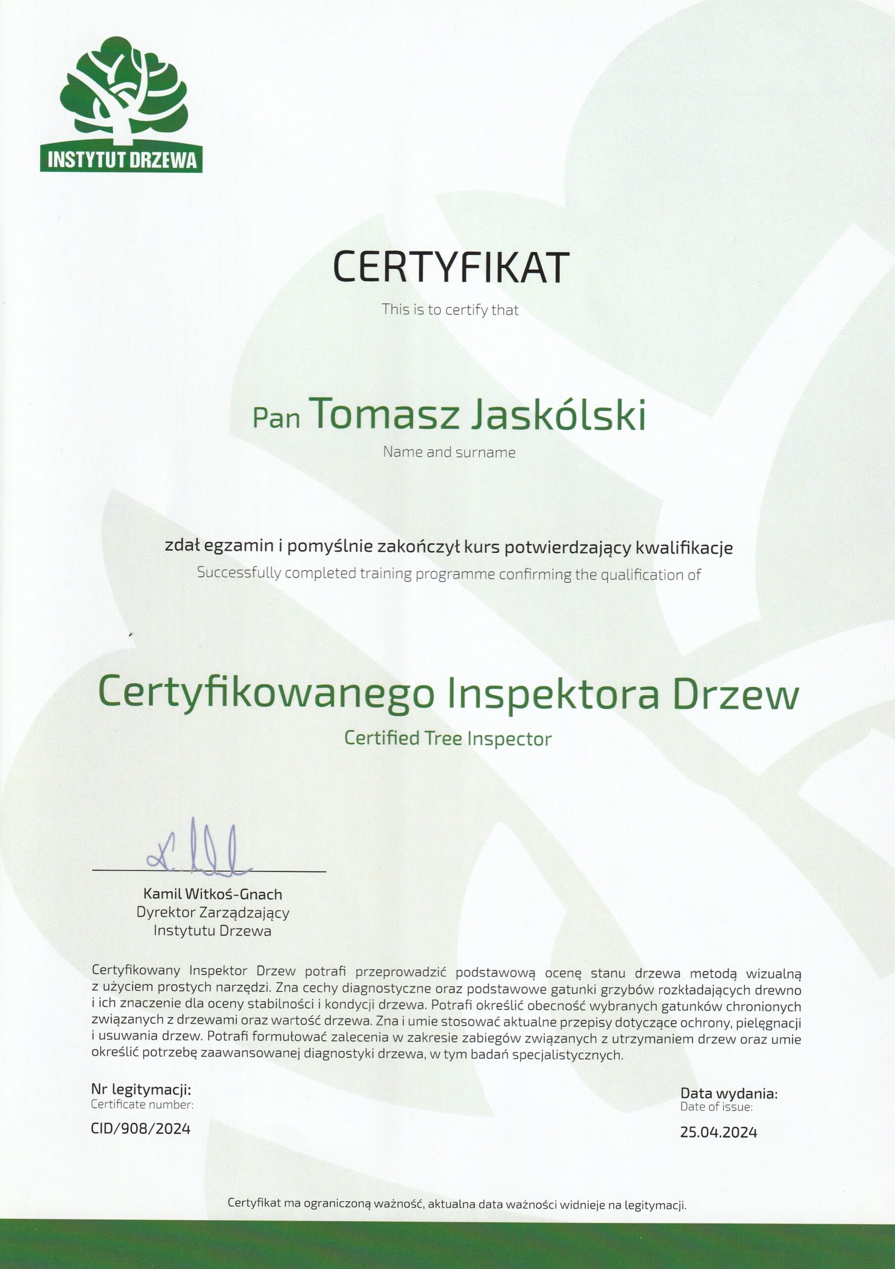 Certyfikat Certyfikowanego Inspektora Drzew Tomasza Jaskólskiego