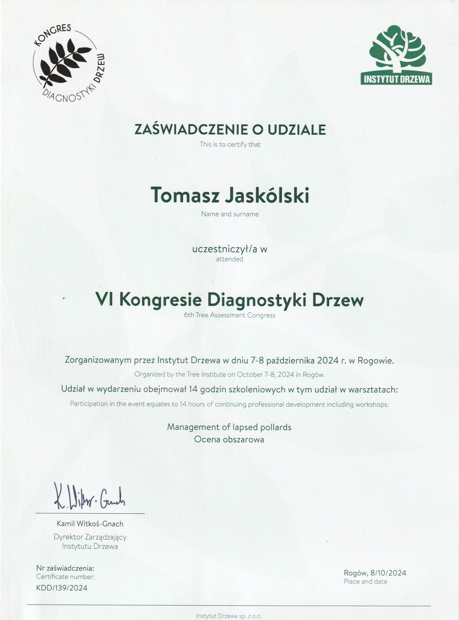 Zaświadczenie o udziale w VI Kongresie Diagnostyki Drzew