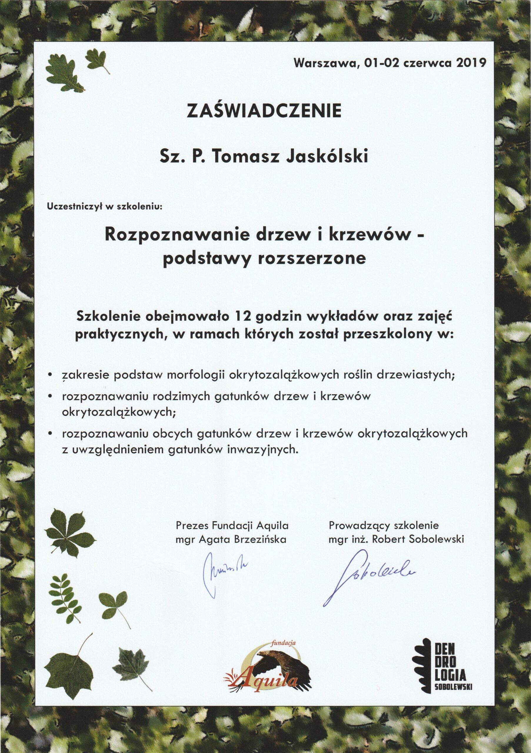 Zaświadczenie Rozpoznawanie drzew i krzewów – podstawy rozszerzone