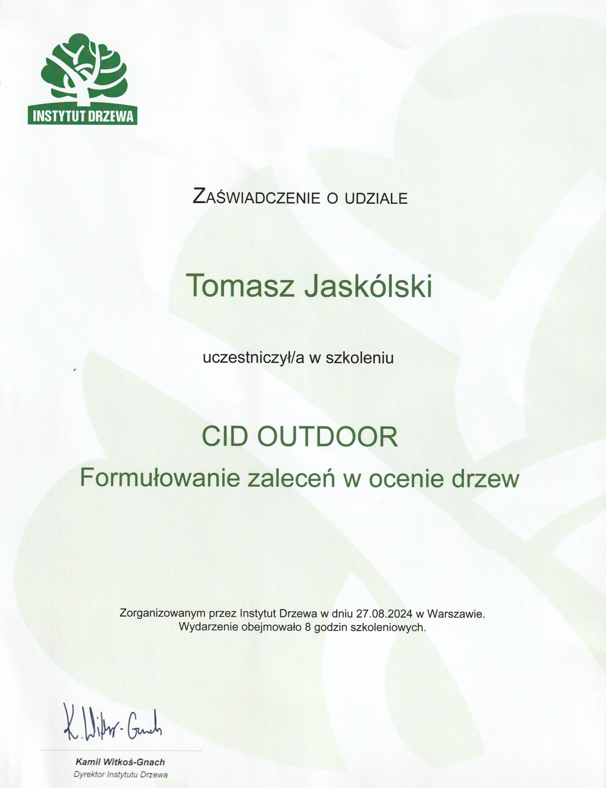 Zaświadczenie CID Outdoor Formułowanie zaleceń w ocenie drzew
